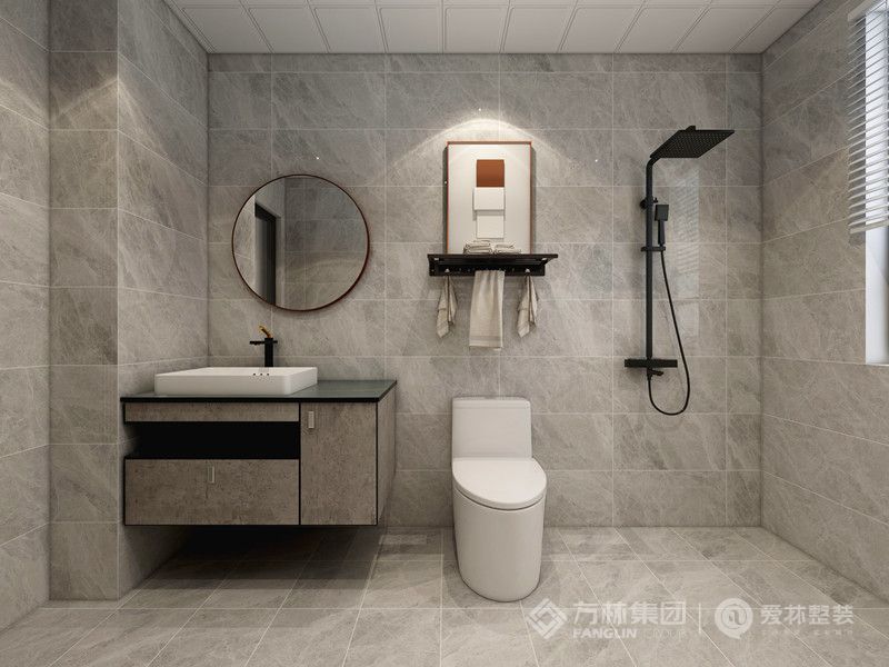 卫生间以墙砖为装饰亮点，使卫生间的美观性凸显与设计感十足。